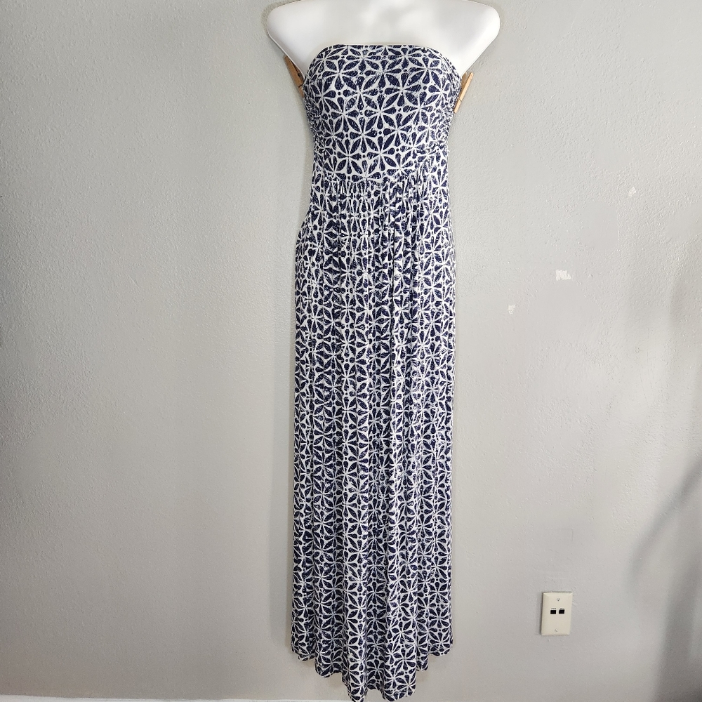 Cinnamon Dress Womens Medium Bandeau Strapless Blue White Coastal Maxi